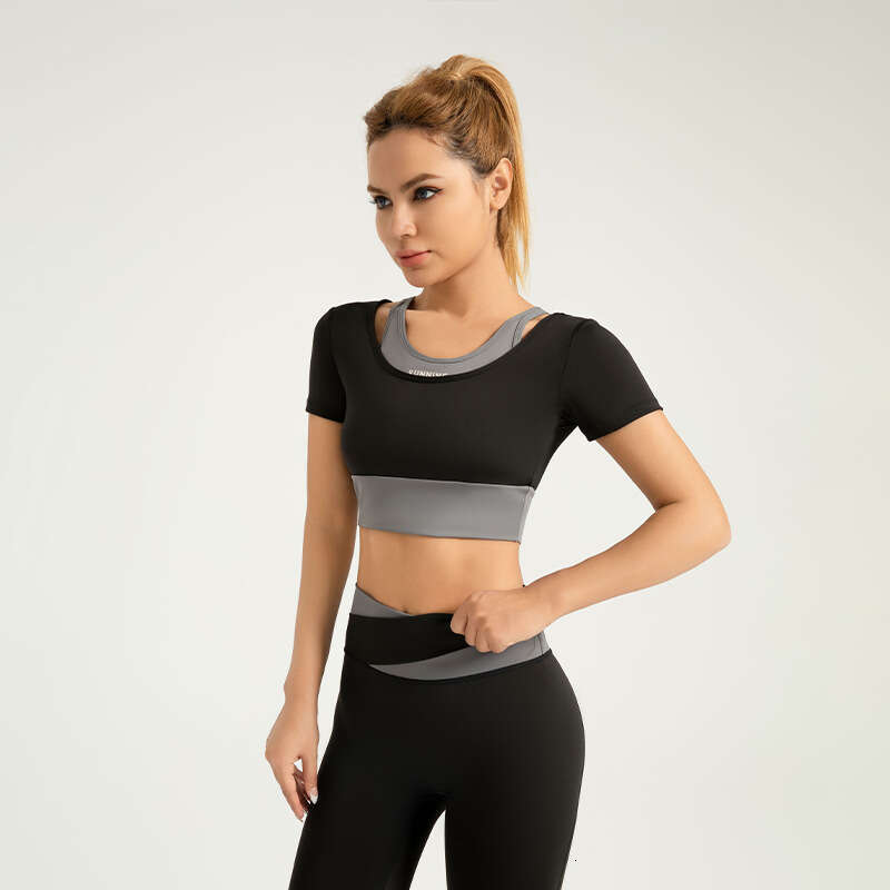 Special Zone Color Blocked Fake Two Piece Yoga Short Sleeved Non Wear Bra Sports Top KLMY