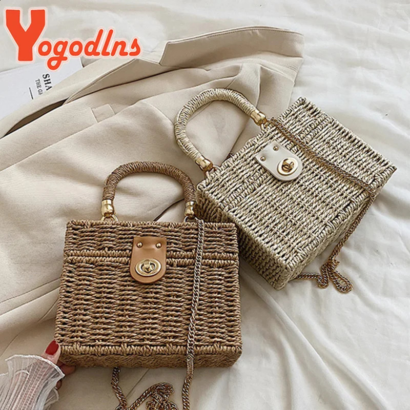 Yogodlns Summer Straw Bag Women Handmade Rattan Box Shoulder Bag Travel Vacation Beach Bag High Quality Square Bag Purse Bolsa 250304
