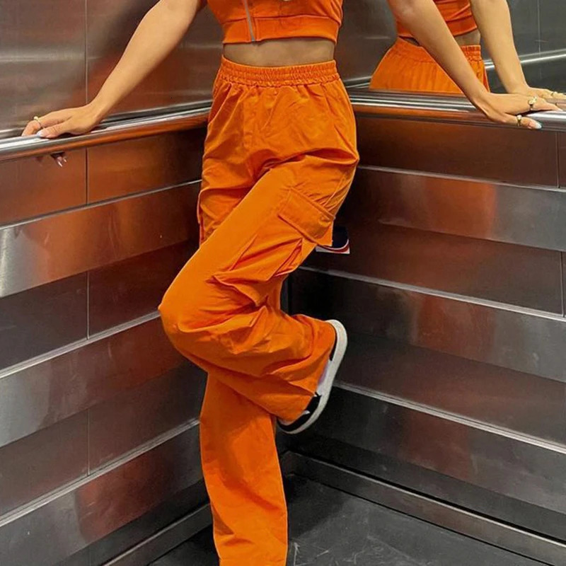 Puloru Orange Baggy Cargo Pants Women Casual High Elasitc Waist Straight-Leg Trousers with Side Pockets Streetwear Sweatpants 250304
