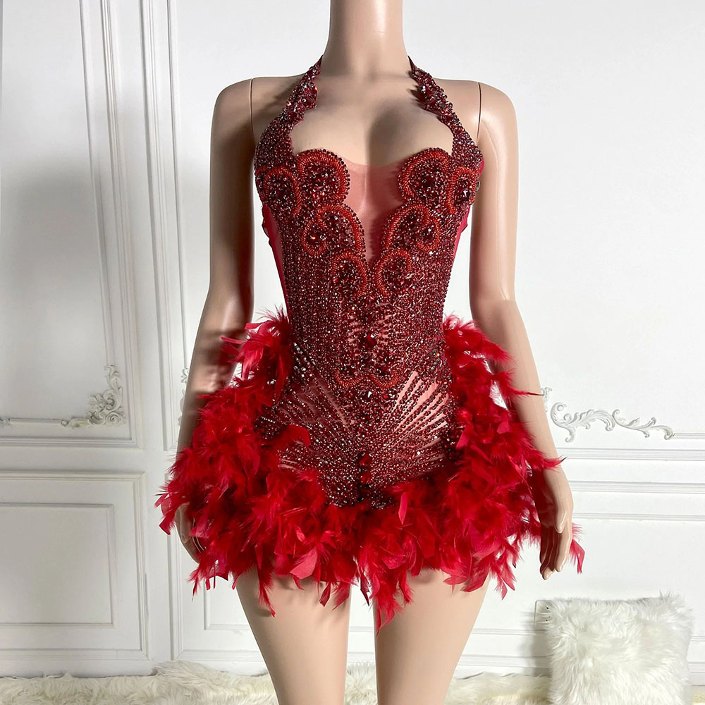 Customized Women Cocktail Birthday Formal Gowns Red Beaded Applique African Black Girls Short Prom Dresses