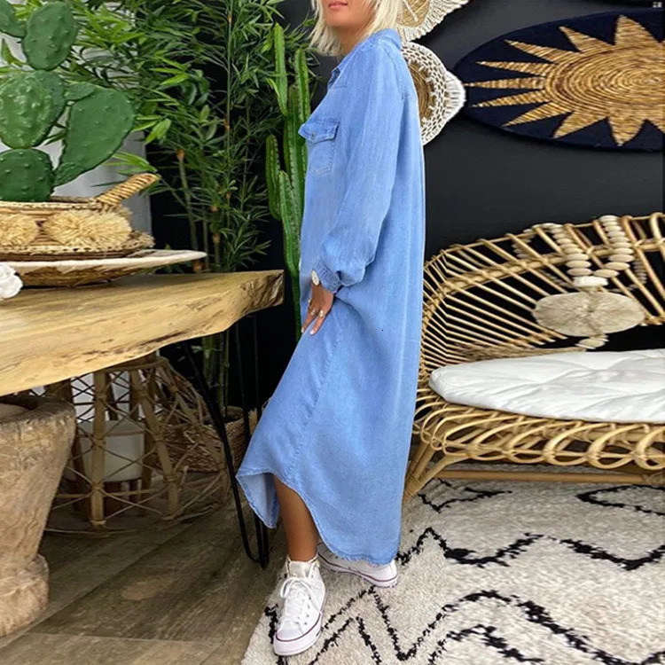 Vintage Womens Elegant Shirt Jeans Dress Large Size Turn Down Collar Solid Full Sleeve Loose Plus Long Dresses 250225
