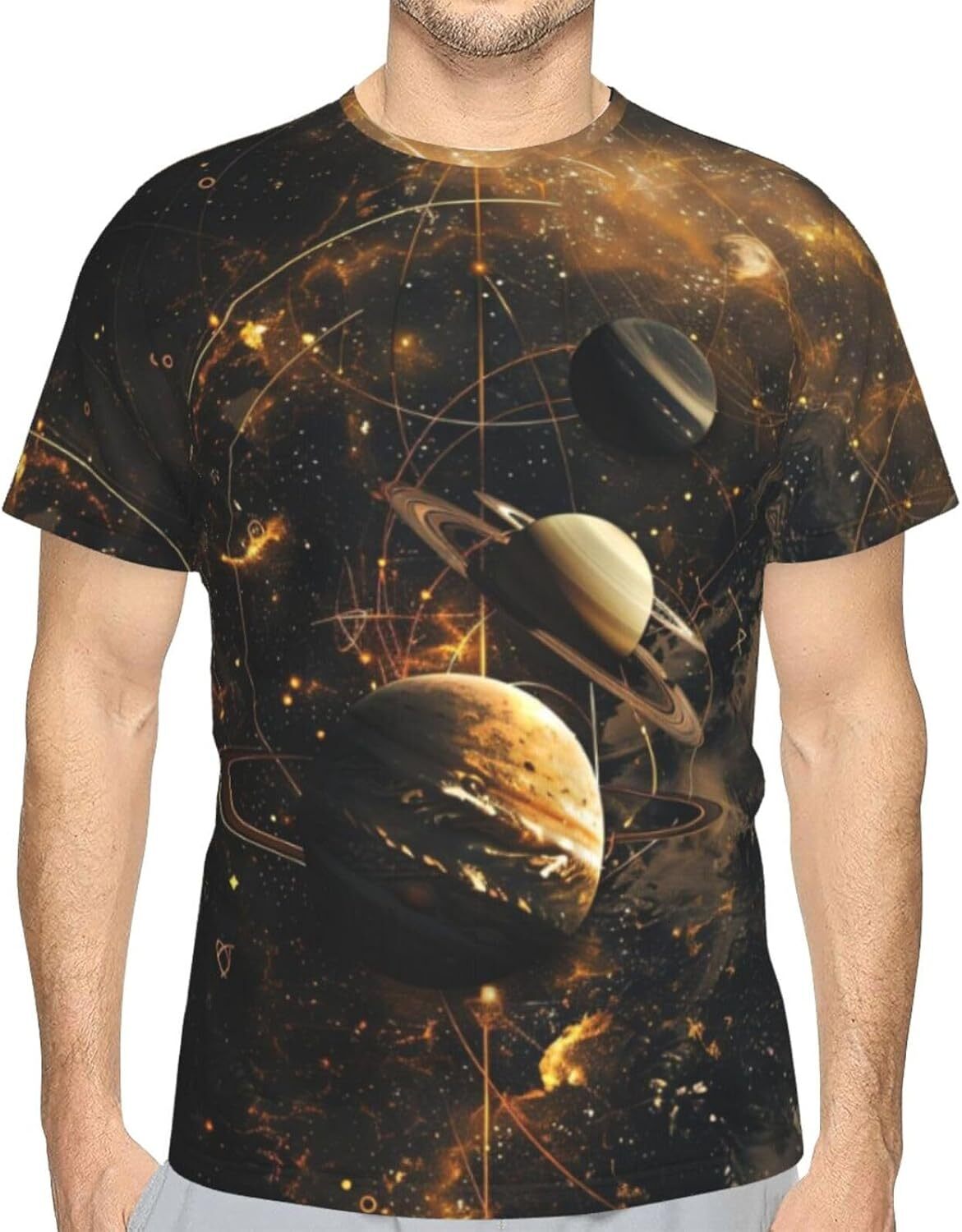 Mens T shirt Golden Planet 3D Printed T-Shirt for Men Universe Planets Graphic Soft Comfort Casual Tee tee Casual tops summer clothes