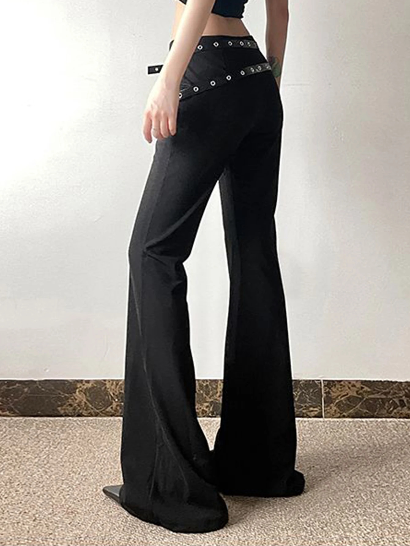 Summer European And American Style Bell Bottoms Fashion Womens Trend Leather Buckle Waist Tight Trousers Woman 250304