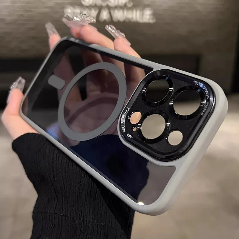 Clear Metal Camera Bumper Case For iPhone 16 Pro Max 15 16 Plus 11 13 14 15 Pro Max For Magsafe Magnetic Lens Protection Transparent Shockproof Cover