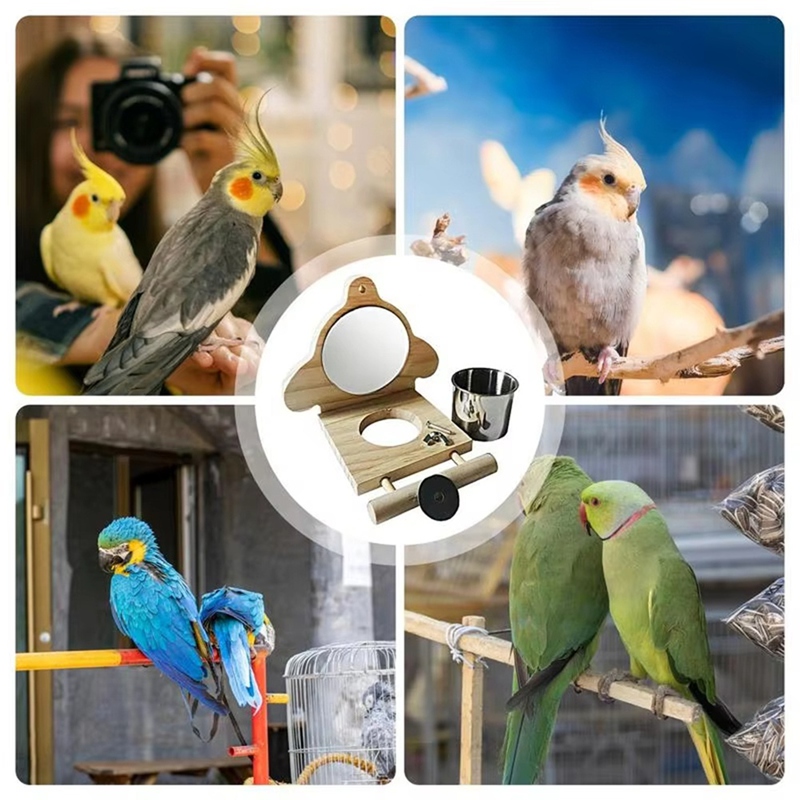 Parrot Perch Wooden Parakeet Mirror Toy Bird Parrot Perch With Mirror And Feeding Cups Cage Play Toy For Lovebird