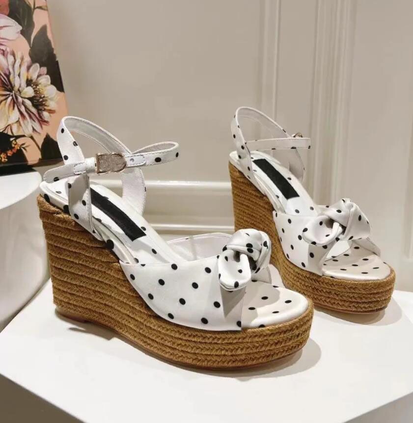 2025SS Designer POLKA-DOT SANDALS heel and tie Sandals Girls high heel with bow wedges Red Print satin sandal Floral Motif Wedge Sandals ankle strap 35-43