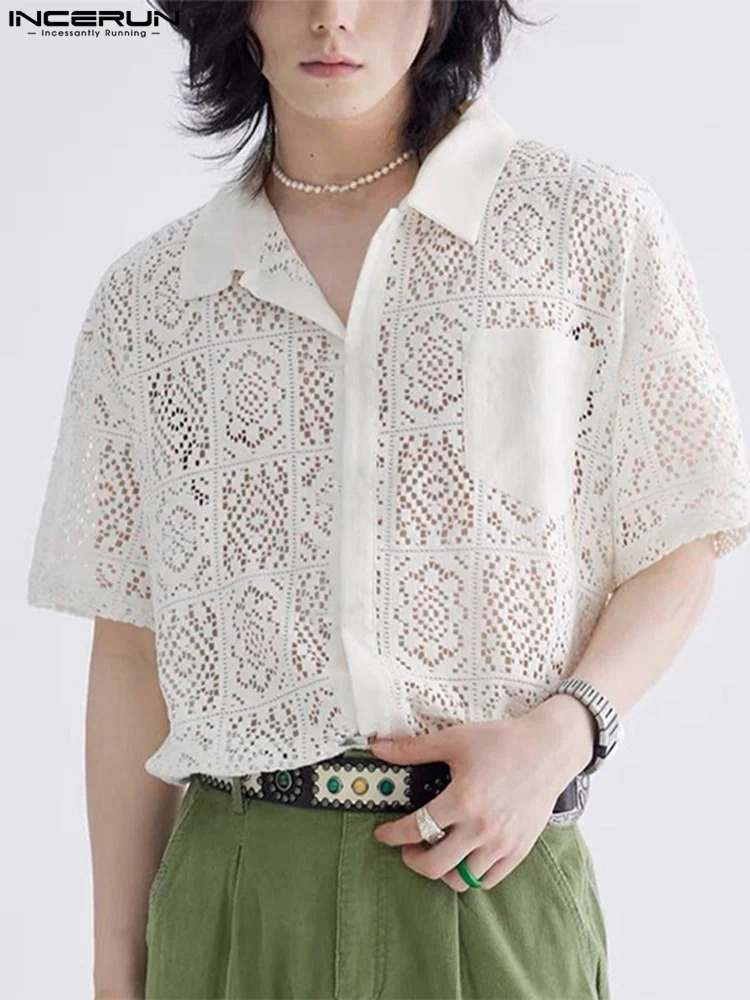 Fashion Casual Style Mens Tops INCERUN Hollow Lace Pane Flower Printed Blouse Male Knitted Short-sleeved Shirts S-5XL 250304