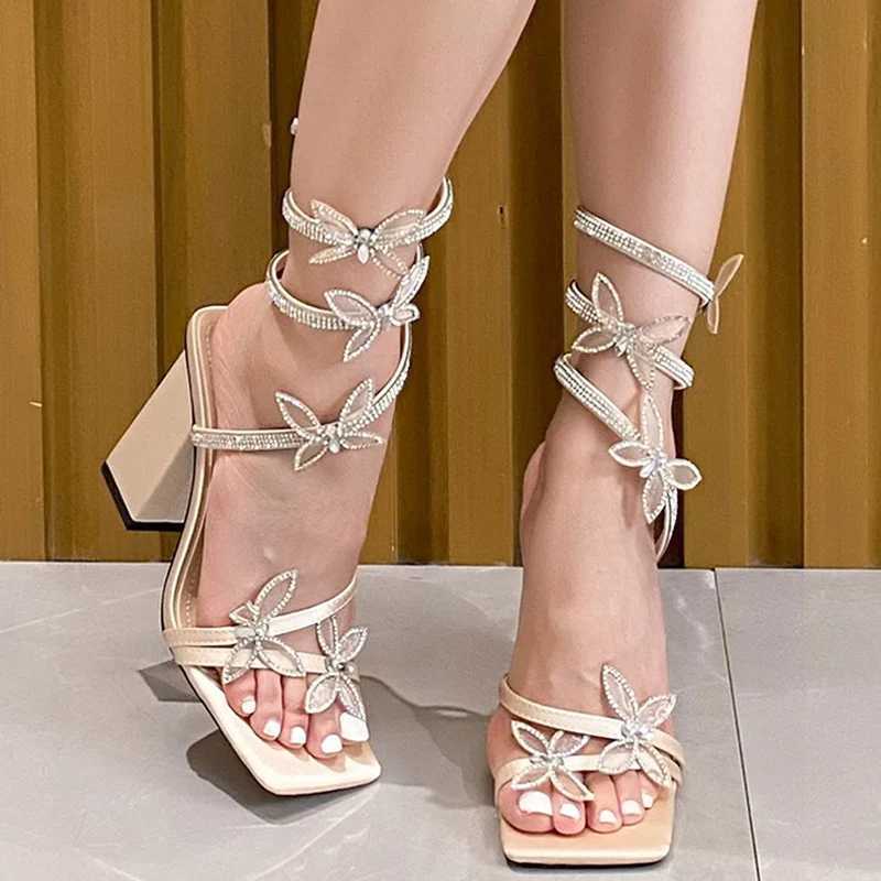 New Fi Design Crystal Butterfly Womens Sandals Sexy Square Toe Thick Heels Summer Party Ball ShoesXJ2500305