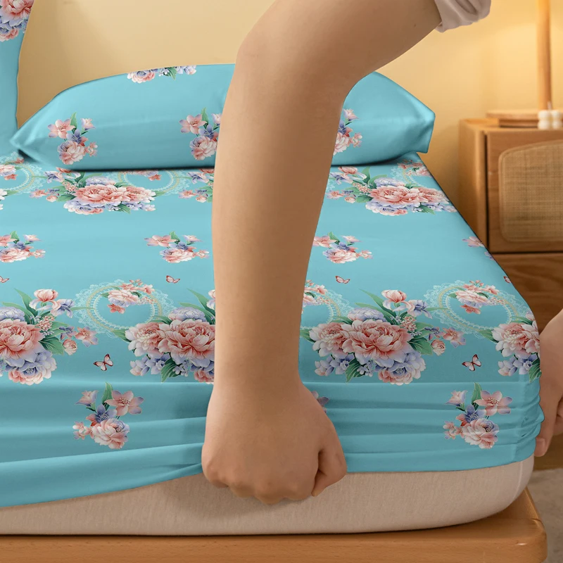1 Simple Modern Plant Flower Printed Matte Fitted Sheet, Bedroom Printed Bed Cover, Bedding (Excluding Pillowcases)