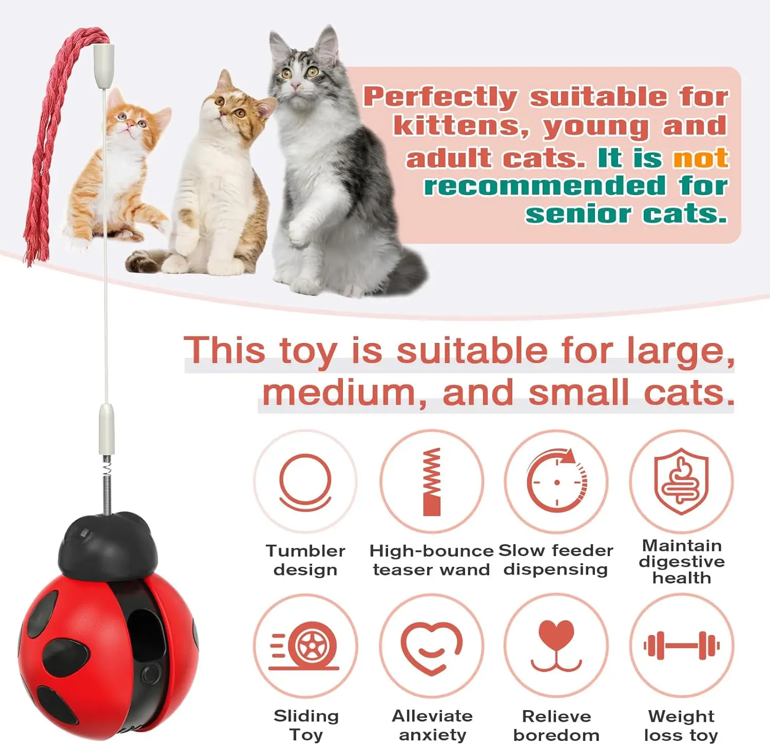 Cat Treat Dispenser Toy, Rolling Wobble Design with Spring Teaser Wand, Interactive Food Puzzle for Cats