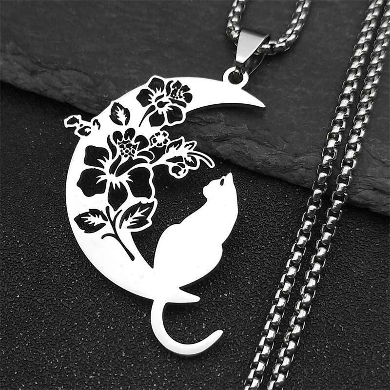 Aesthetic Cat wer Moon Crescent Necklace for Women Men Stainless Steel Sier Color Bohemia Chain Gift Jewelry collar 3220