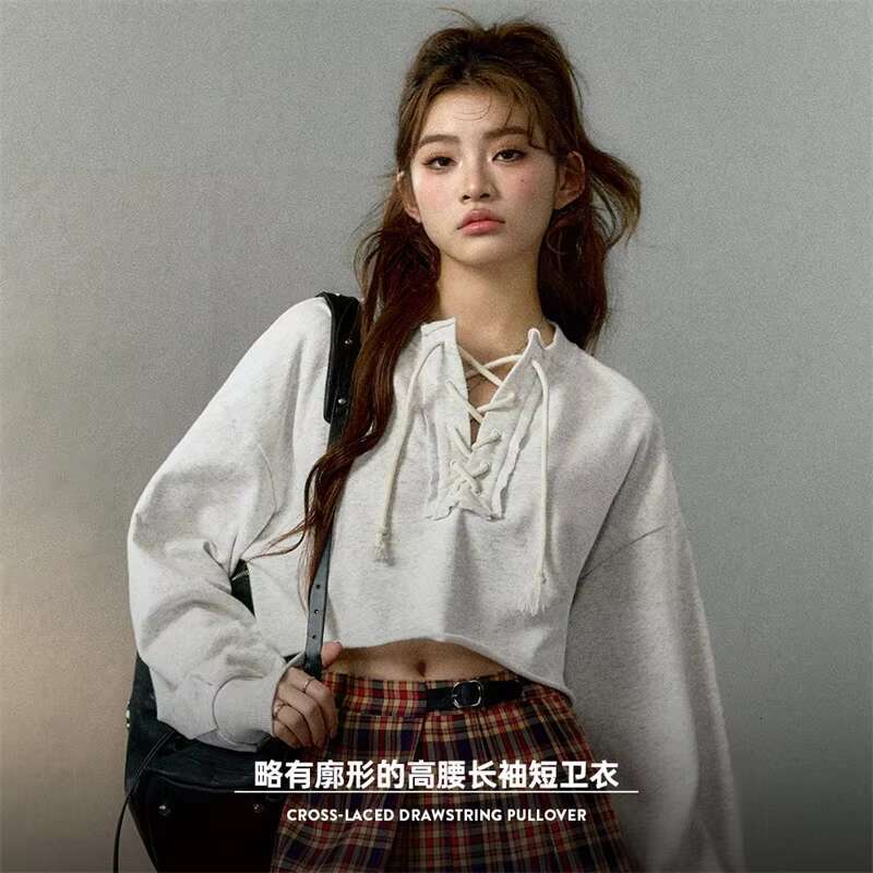 Maden Wholesale Women's Lace-Up Hoodie Vintage High-Waisted Drawstring Loose-Fit Long Sleeve Hooded Short Pullover Spring Autumn
