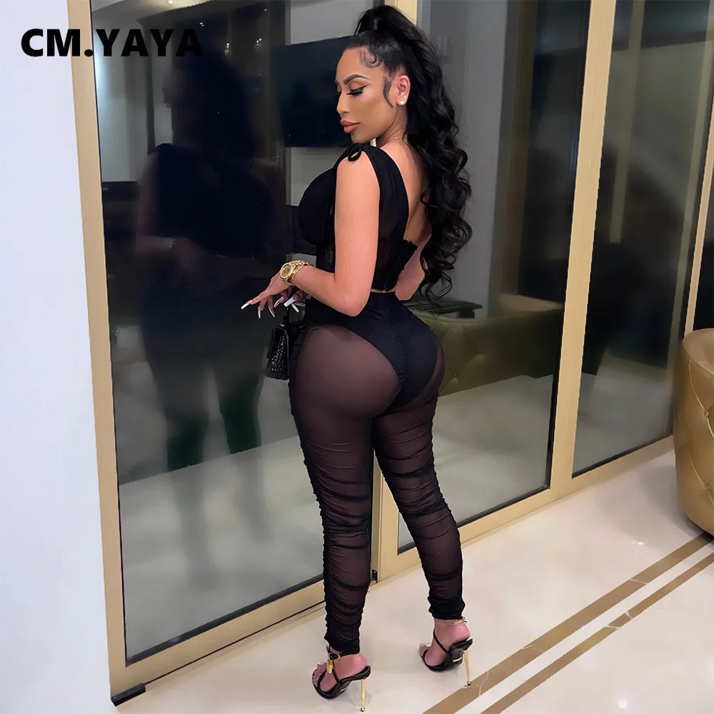 CM.YAYA Mesh See Though Womens Set One Shoulder Sleeveless Crop Top and Stacked Pants Suit Two 2Piece Set Outfit Tracksuit 250304