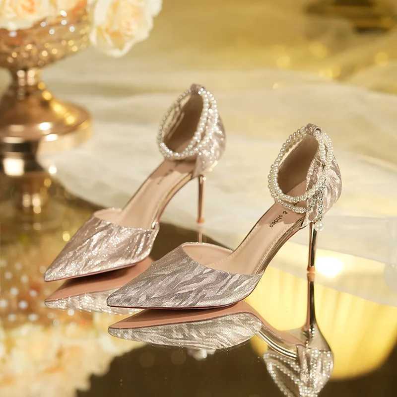 2024 Summer Fi Womens Pointed Toe Luxury Sequins Beaded Buckle Champagne Ornament High Heel Sandals Party Wedding ShoesXJ2500305