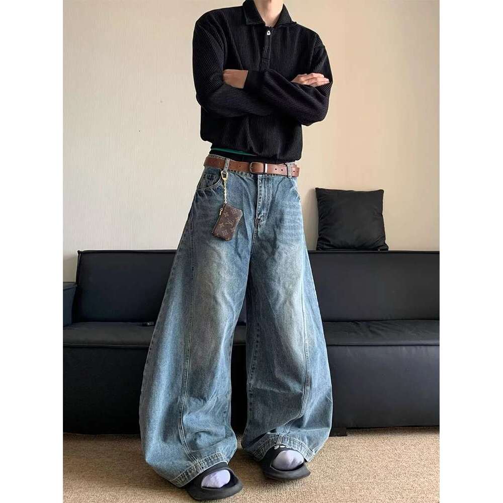 American Retro Washed Loose Straight Jeans Trendy Brand Banana Men Wide Leg Mop Pants