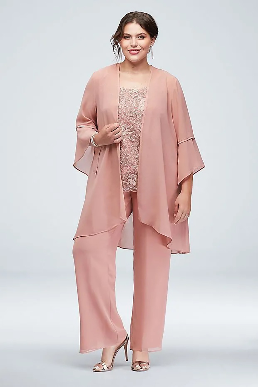Modest Lace Mother Of The Bride Pant Suits With Long Sleeves Jacket Bateau Neck Wedding Guest Dress Plus Size Chiffon Mothers Groom Dresses