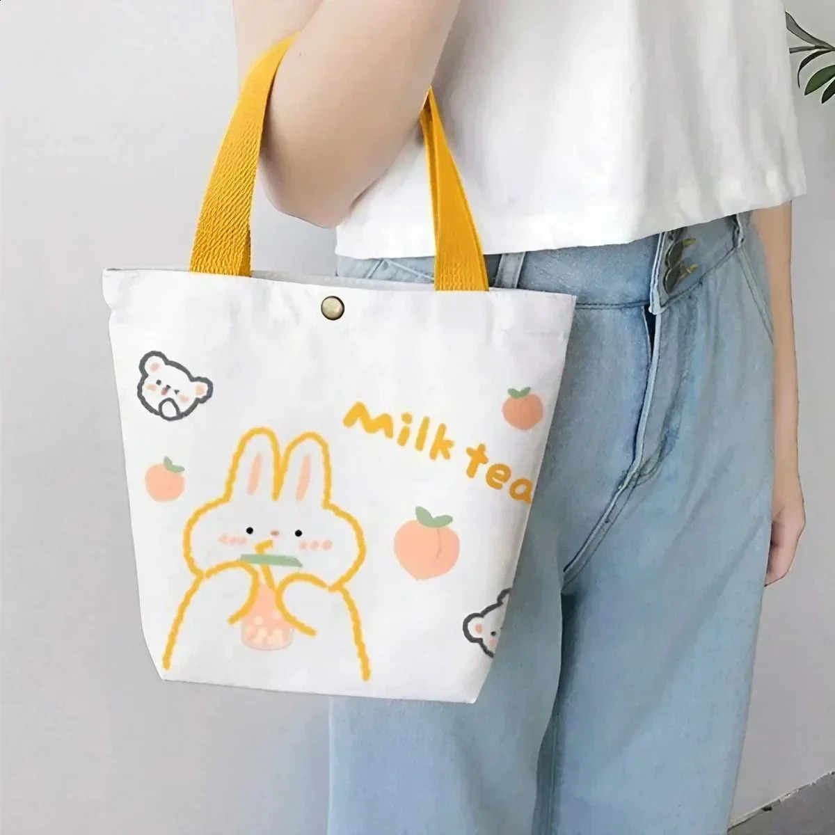 Ship from US KISIMIS Women Mini Cotton Canvas Tote Cute Bear Simple Handbag Shopping Bag Lunch Small Lovely Decoration Storage 250305FBB