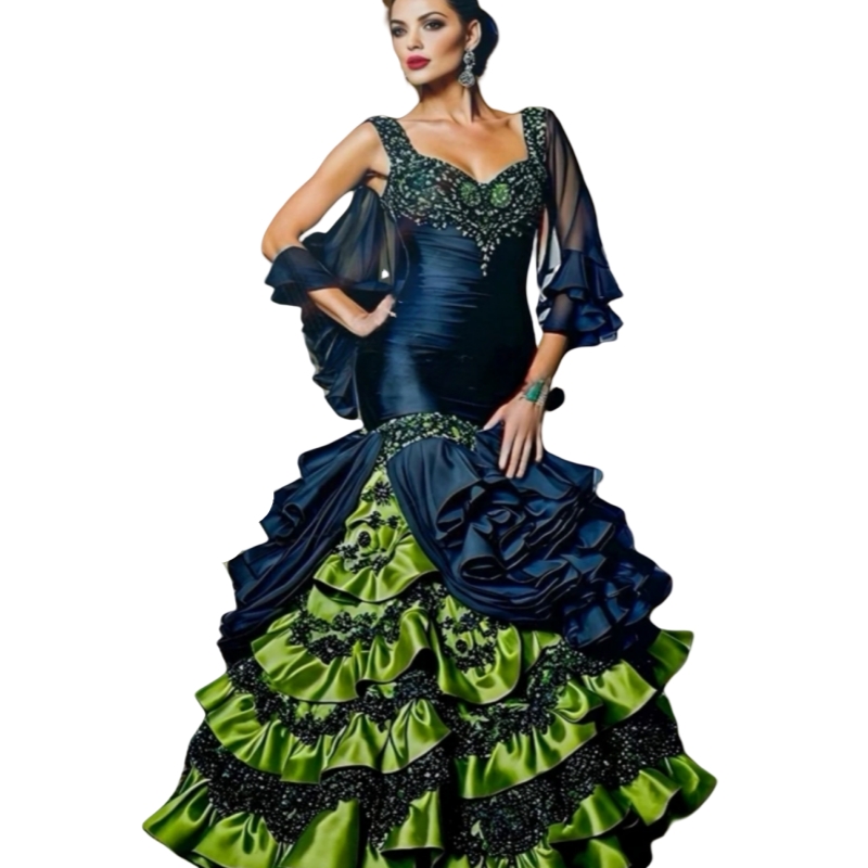 Vintage Ruffled Mermaid Prom Dresses Navy And Green Tiers Long Puffy Evening Gowns Lace Appliques Beaded Pageant Special Occasion Dress For Ladies 202