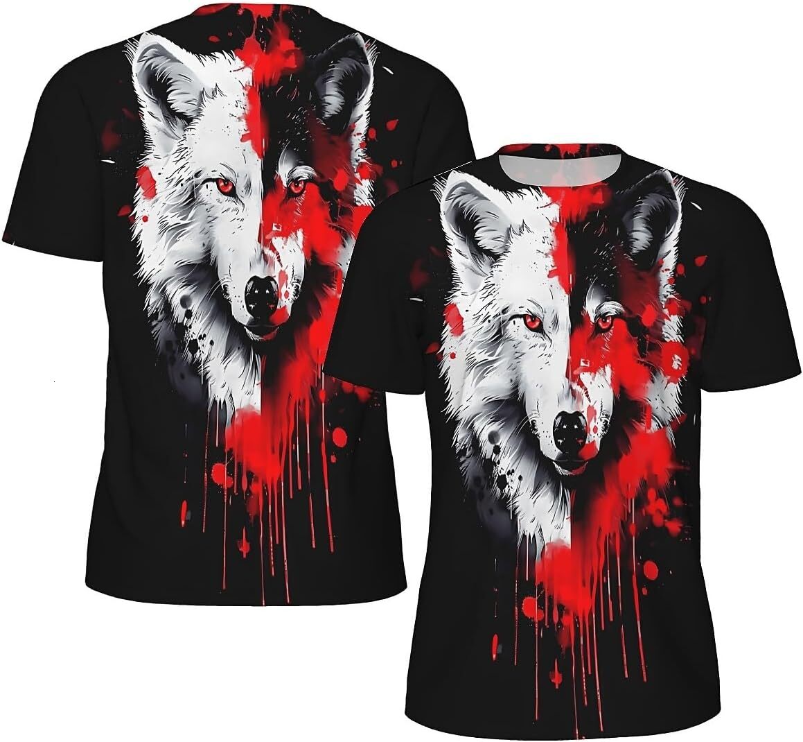 Mens T shirt Men's Novelty T-Shirts Graphic 3D Print Summer Short Sleeve Tee Shirt Red and White Wolf tee Casual tops summer clothes cool