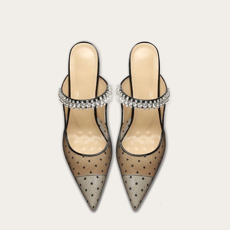 Polka dot mesh sexy black high-heeled sandals women, Xia pointed straight diamond chain toe slippers with high-end feel for wearing outside