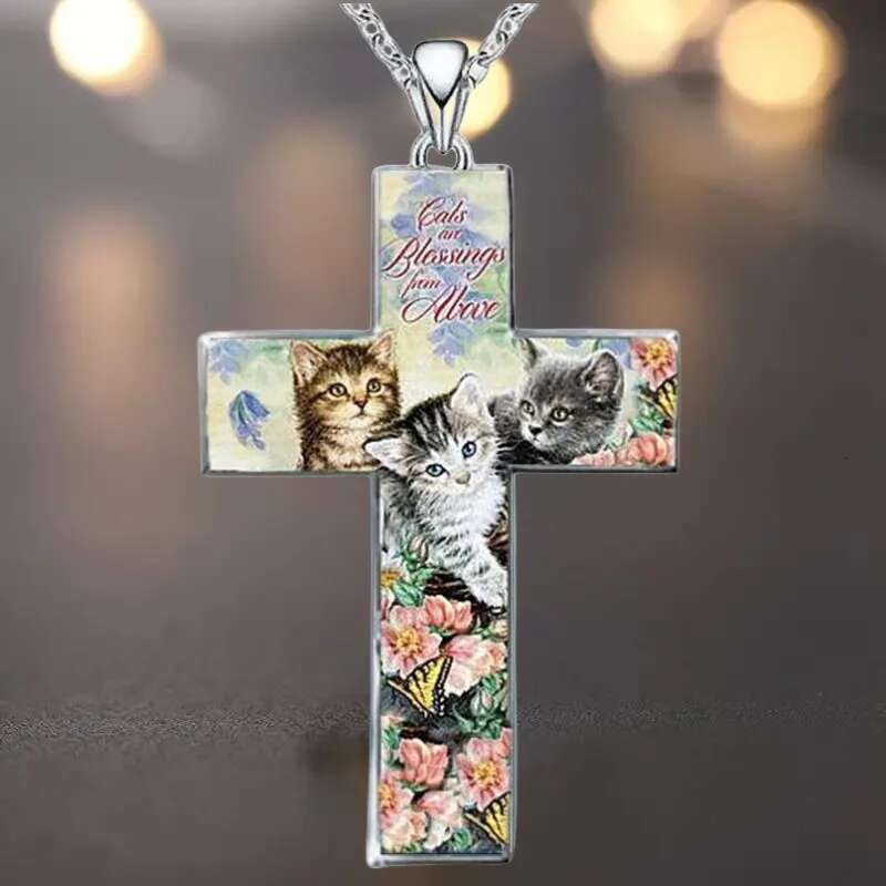 Stylish and Exquisite Three Cats Cross Pendant Necklace Kid Christian Religious Jewelry Accessories for Friend Birthday Gift