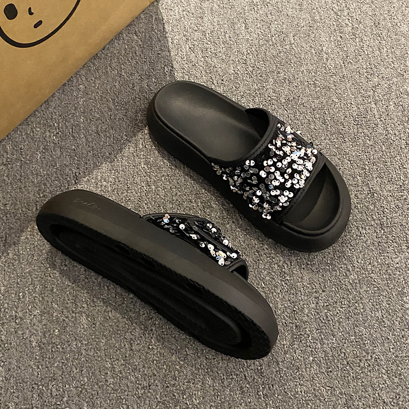 Summer 2025 Women's Black Beaded Open toed Thick Bottom Sandals Fashion New EVA Anti slip Soft Bottom Designer Trendy Casual Sandals
