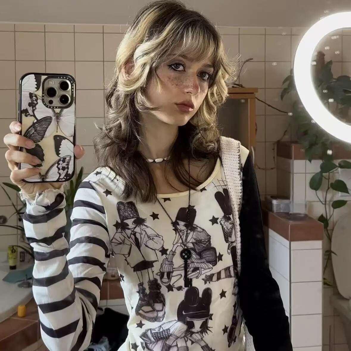 Y2k Ing Asymmetric Long Sleeves Haruku Gothic Graffiti Design Stars Stripe Graphic Slim Fit Tops Sexy Hot Girl Clothing