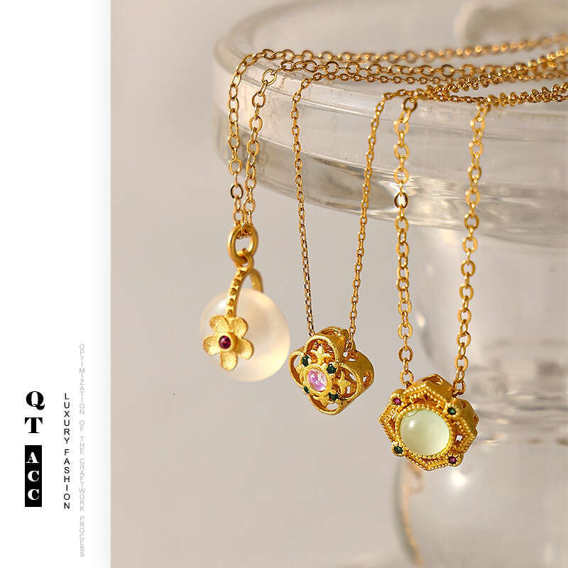 Traditional style gold, sier, agate, moonstone necklace, versatile and high-end gold zircon Chinese jewelry accessories for women