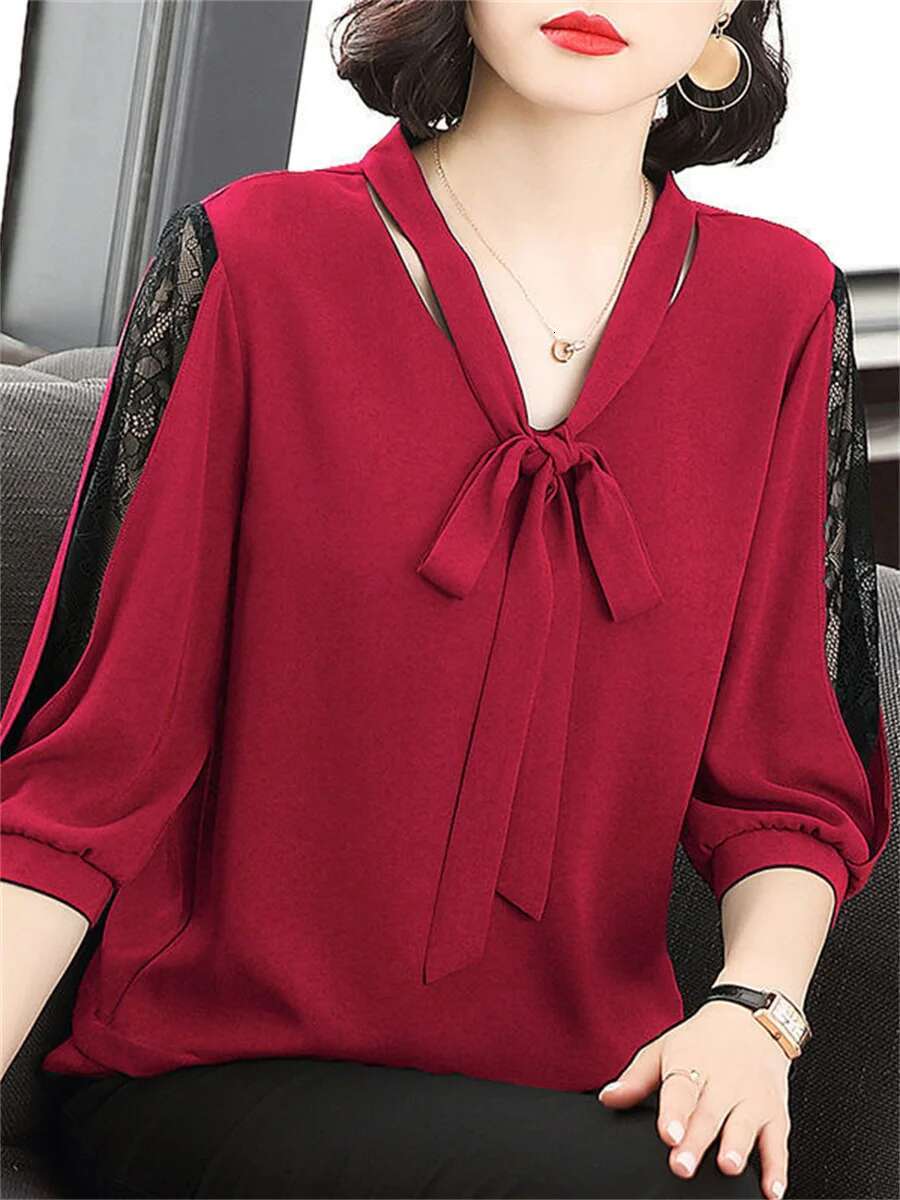 Women Spring Summer Style Blouses Lady Casual Bow Tie Colloar Half Lace Sleeve Loose Blusas Tops Df4275