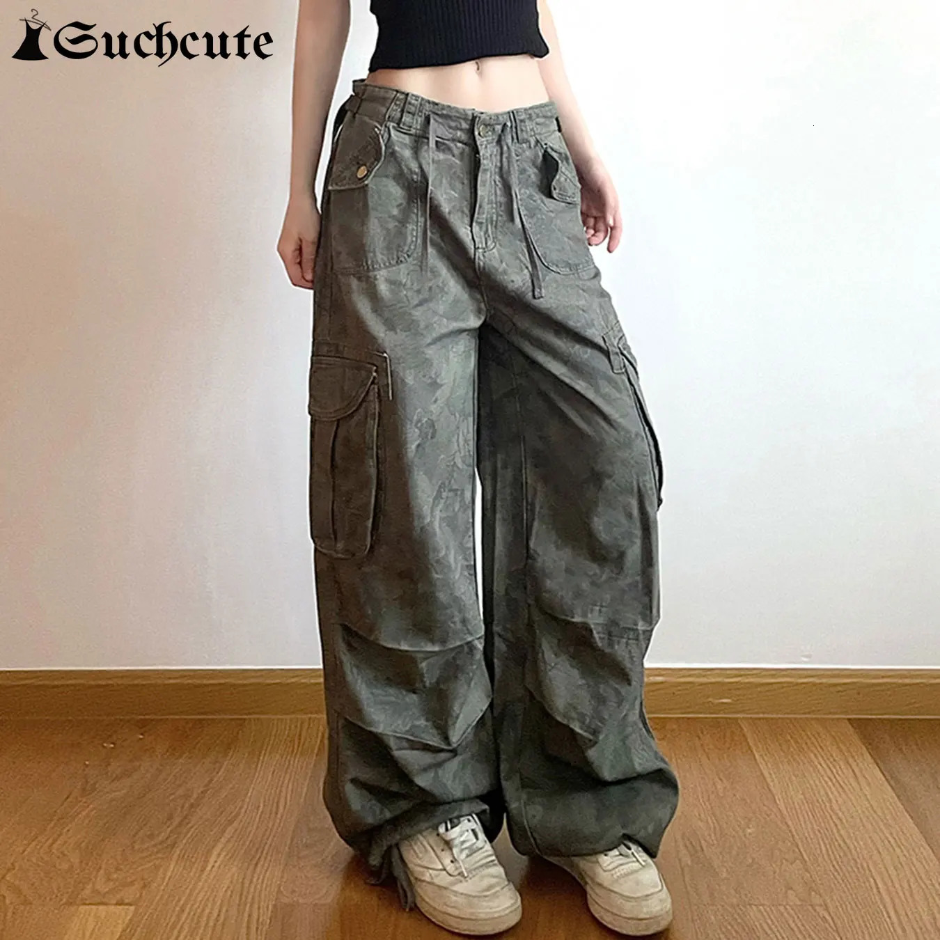 SUCHCUTE American Vintage Camouflage Cargo Jeans High Street Low Waist Denim Pants for Women Streetwear Pockets Hip Hop Trousers 250304