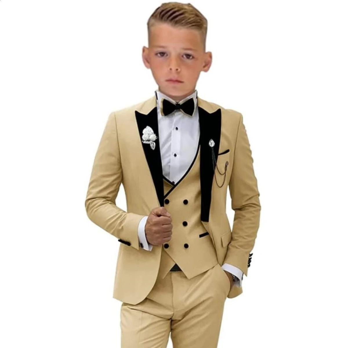 24h Ship Boys Formal 4-piece Suit Set Including Blazer Vest Pants Bow-tie Smart Kids Tuxedo Suits Dress Wedding Ring Bearer 250305