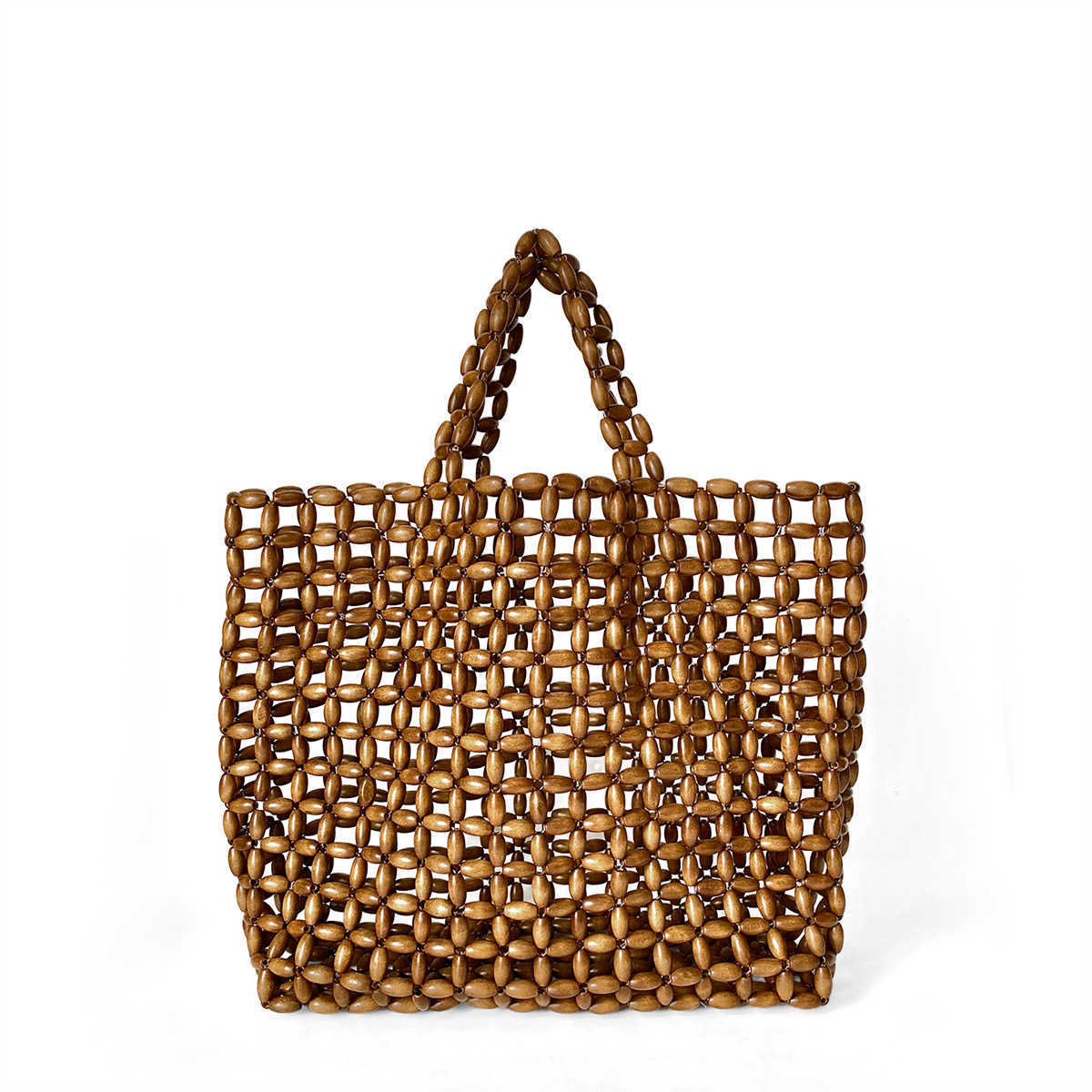 Korean Ins Niche Design Wooden Bead Bag Hand Woven Bag Armpit Bag Shoulder Bag Hollowed Out Bag Vacation Beach Bag 250315