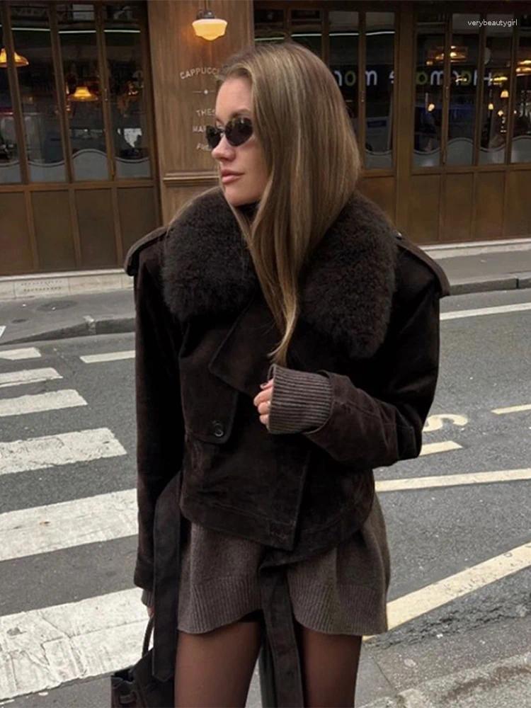 Women's fur coats Retro Faux Collar Suede Short Coats Women Elegant Lapel Lace Up Long Sleeved Outfits For Woman Autumn Solid High Street Outwear