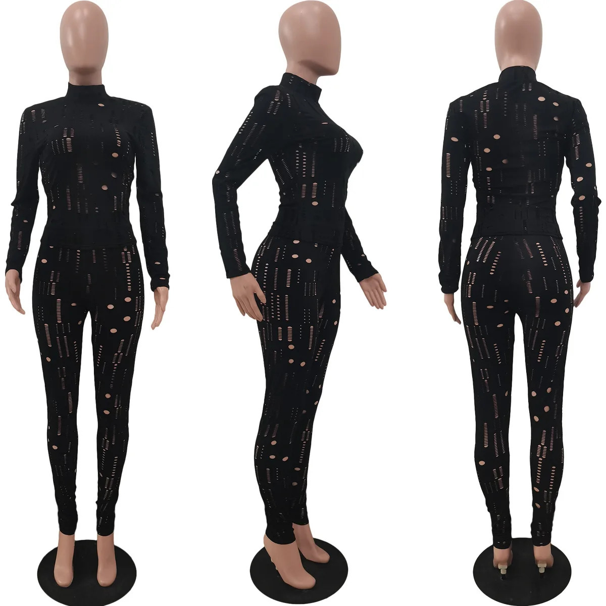 Irregular Hole Fall Trend Skinny Women Tracksuit Sexy Hollow Out Top T-Shirt Slim Pencil Pants 2 Piece Matching Set Outfits 250304