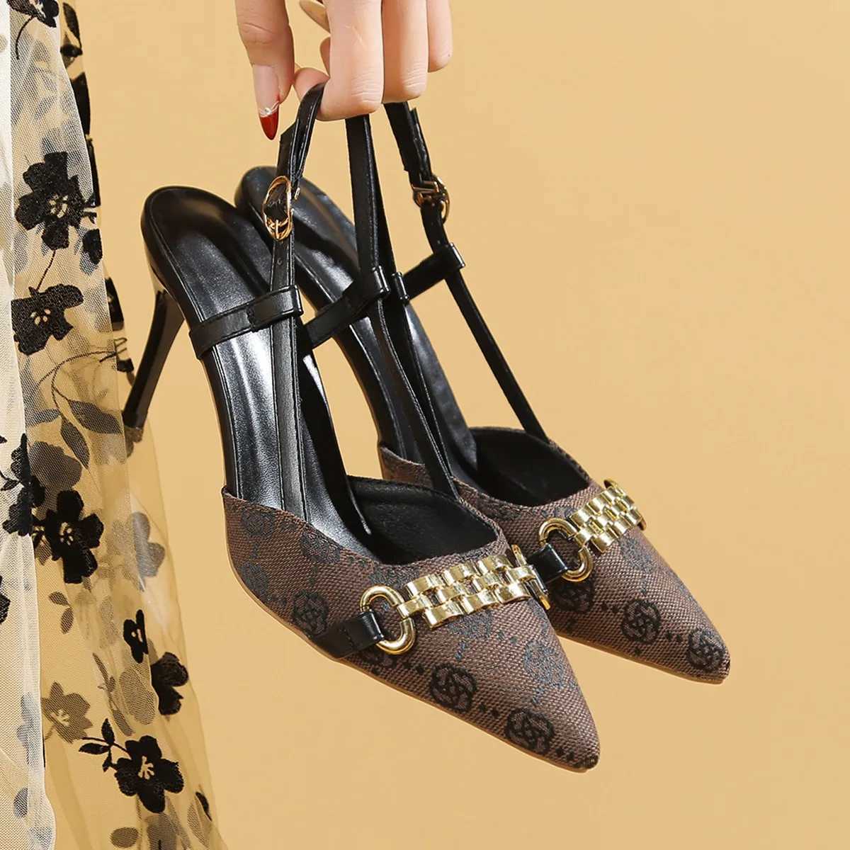 2025 Womens Pointed Toe Slingback High H Spring Luxury Sexy Party Punk Gothic High H Womens Shoes Y250304