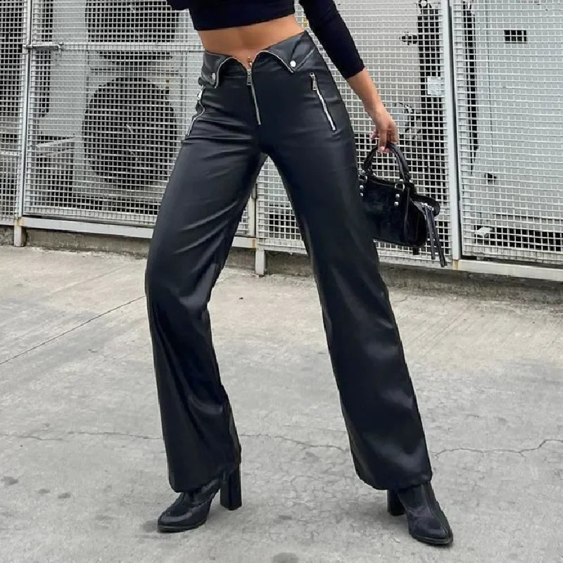 Candy PU Leather Zipper Slim Pants Y2K Casual Party Streetwear Highwaist Straight Leg 2024 Gothic Chic Women Trousers 250304