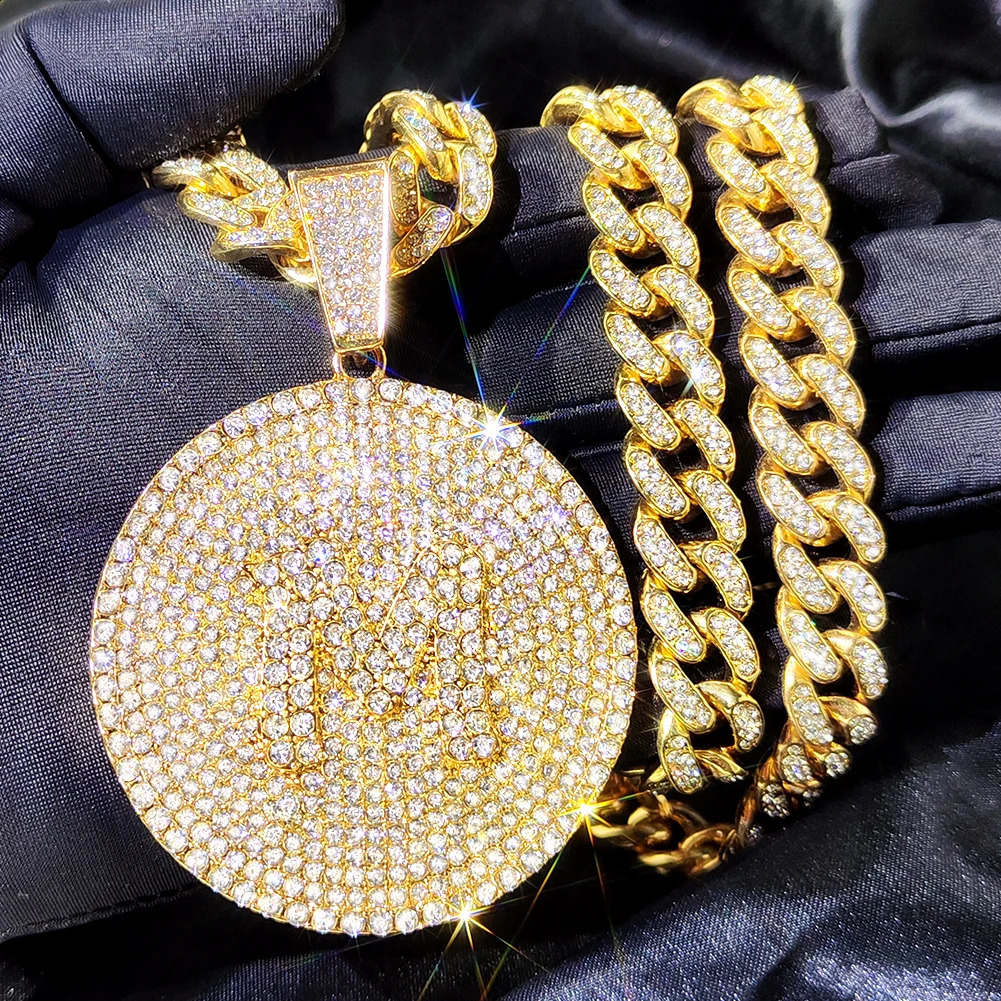 Bling A-Z Letters Pendant Necklace for Men Women Crystal Miami Cuban Link Chain Round Initials Necklace Fashion Jewelry 250305