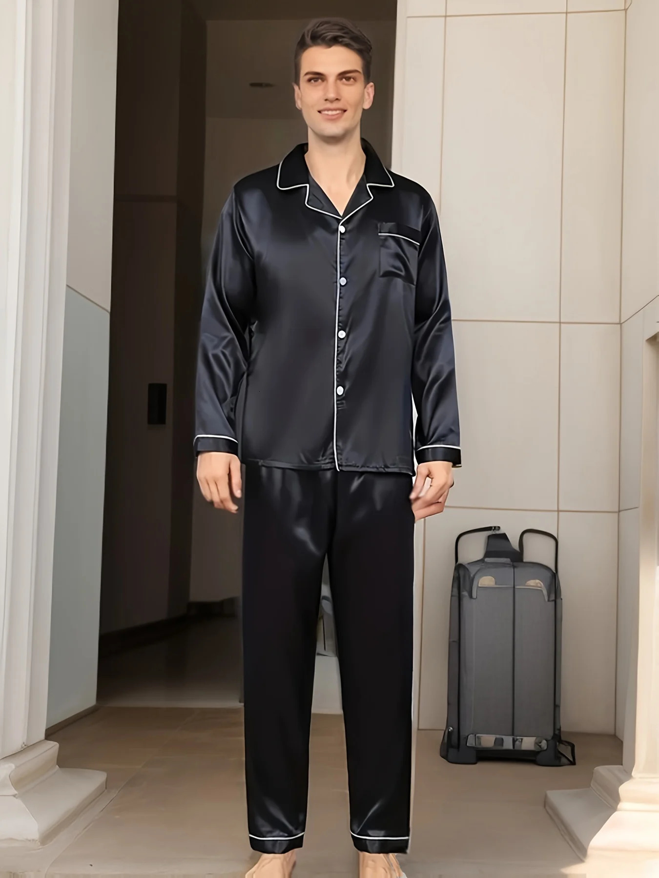 Men Pajama Sets Sleepwear For Man Shirt Silk Long Sleeve Pyjama Male Sleeping Satin Home Night Wear Plus Size Loungewear 250304