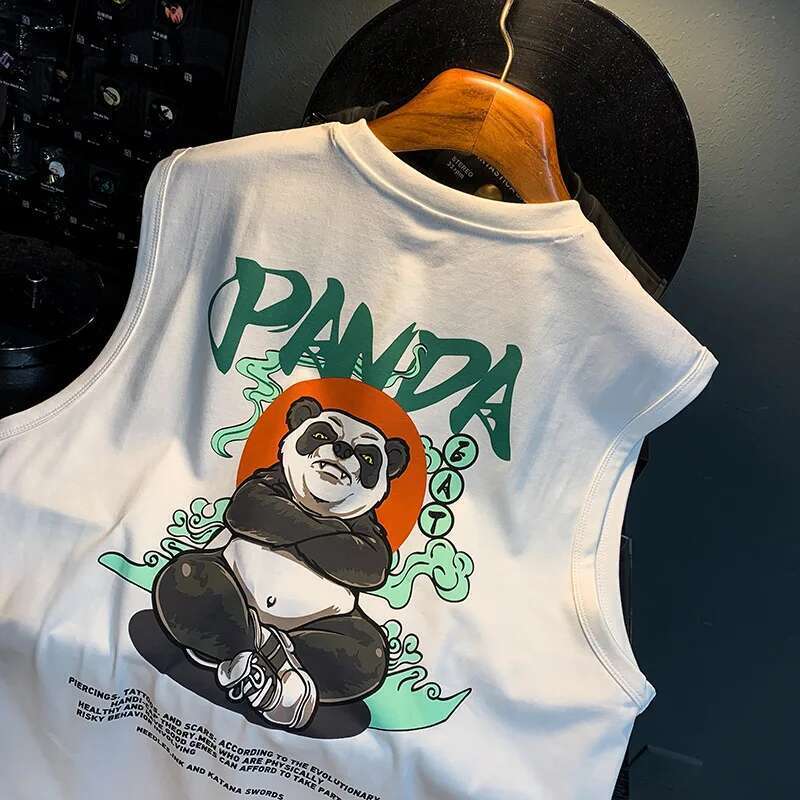 Sleeveless T-Shirt Vest Trendy Panda Printing Loose Outer Wear Summer Sports Fiess Men's All-Match Breathable Top