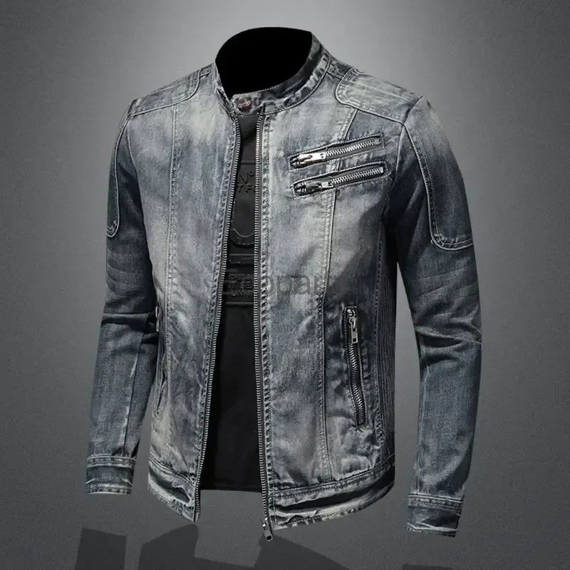 Mens Fashion Denim Jacket Trendy Retro Casual StandUp Collar Zipper Spring Autumn Long Sleeved Motorcycle Coat 250225