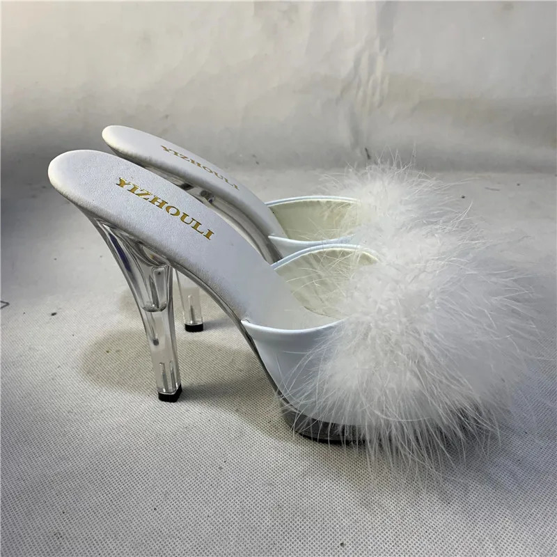 High Heels 13CM Stripper Shoes Plump Feathered Crystal Shoes Sexy Platform Womens Sandals 250228