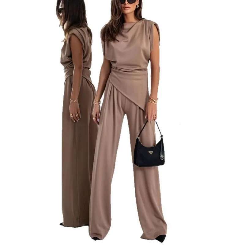 2025 Summer New Product Fashion Solid Color Irregular Sleeveless For Women's European And American Casual Pants Set