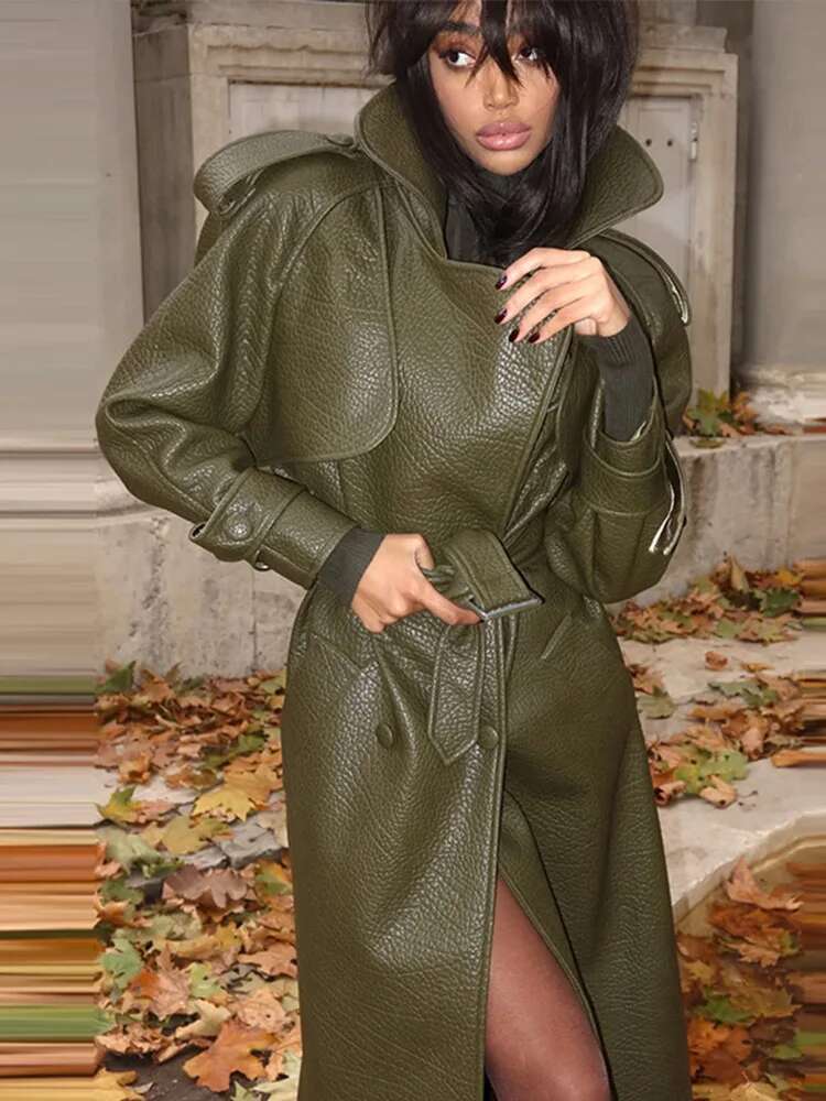 High Street Leather Trenchcoat Women 2025 Early Spring Fashion Lapel Full Sleeves Double Breasted With Belt Female PU Overcoat
