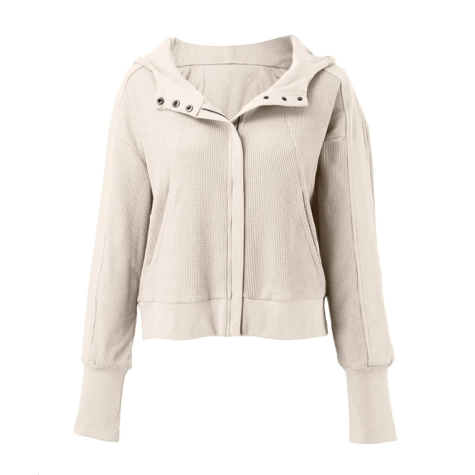 Womens Waffle Knit Hoodies Slim Fit Zippered Up Cropped Jackets Motro Biker Fashion Button Down Shacket Hooded Outerwear 250304