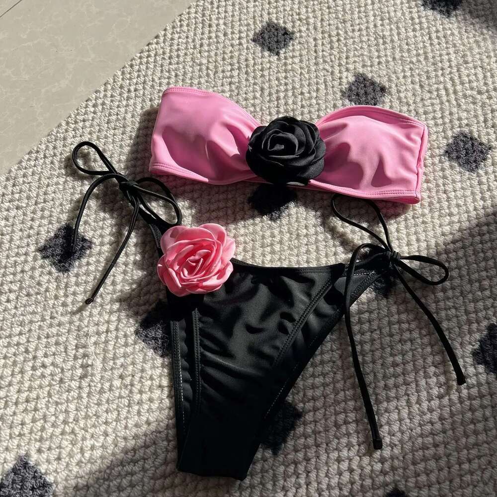 Wer 3D Bandeau Bikini Set 2024 New Sexy Tube Swimwear Women Striped Black Swimsuit Mini Bathing Suit Km-Ly