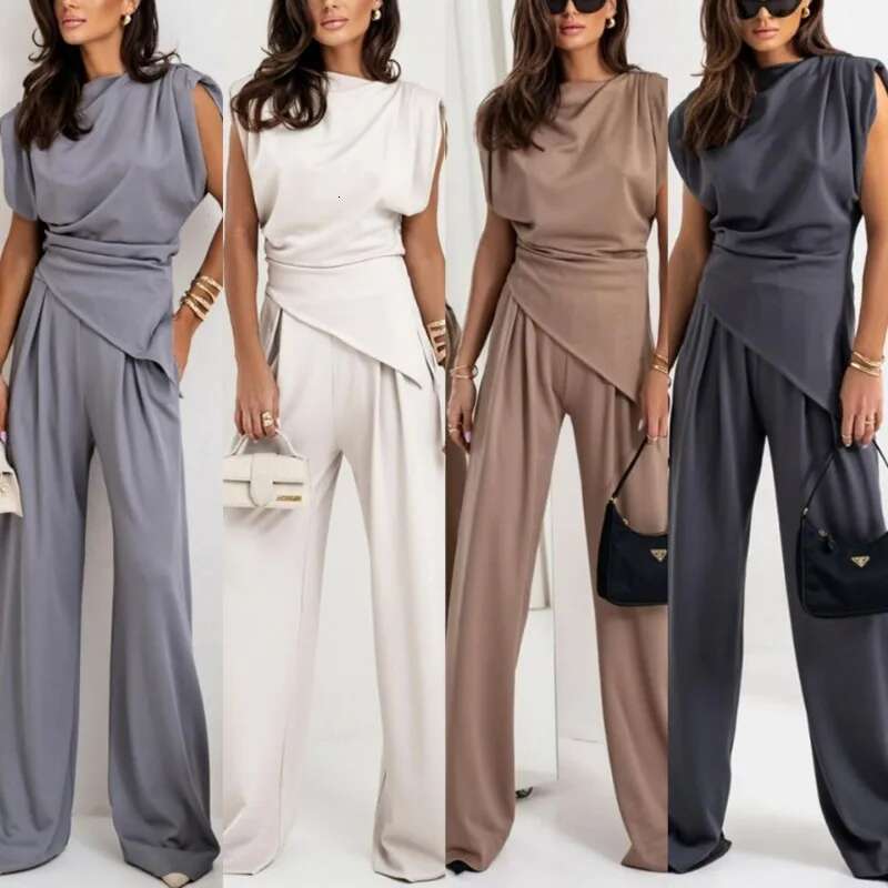 2025 Summer New Product Fashion Solid Color Irregular Sleeveless For Women's European And American Casual Pants Set