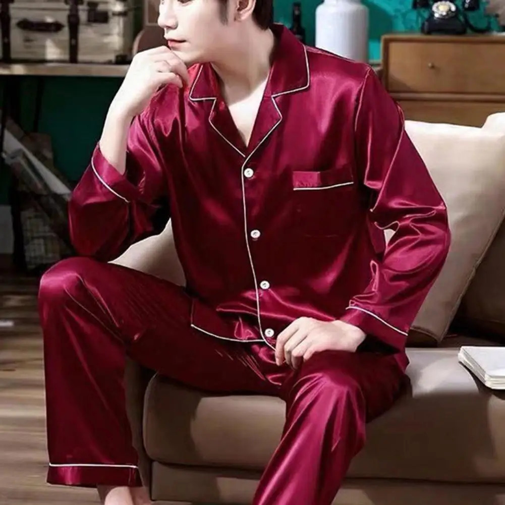 Ice Silk Pajamas Set Pullover Summer Long-sleeved Thin Silk Pajamas for Men Casual Homewear Suit Sleepwear Top Pants Clothing 250304