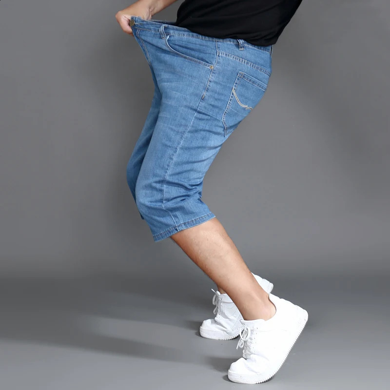 Summer Jeans Shorts Mens Denim Elastic Stretched Thin Short Jean Oversized Plus Light Blue 42 44 48 Male Calf Length Trousers 250304