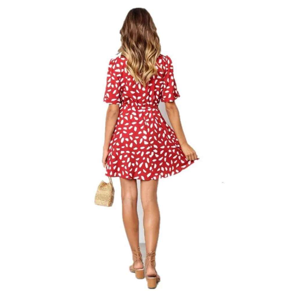 Sand White Spot Mini Summer Women V Neck Casual Beach Sundress Sexy Botton Wrap Bodycon Dress Female