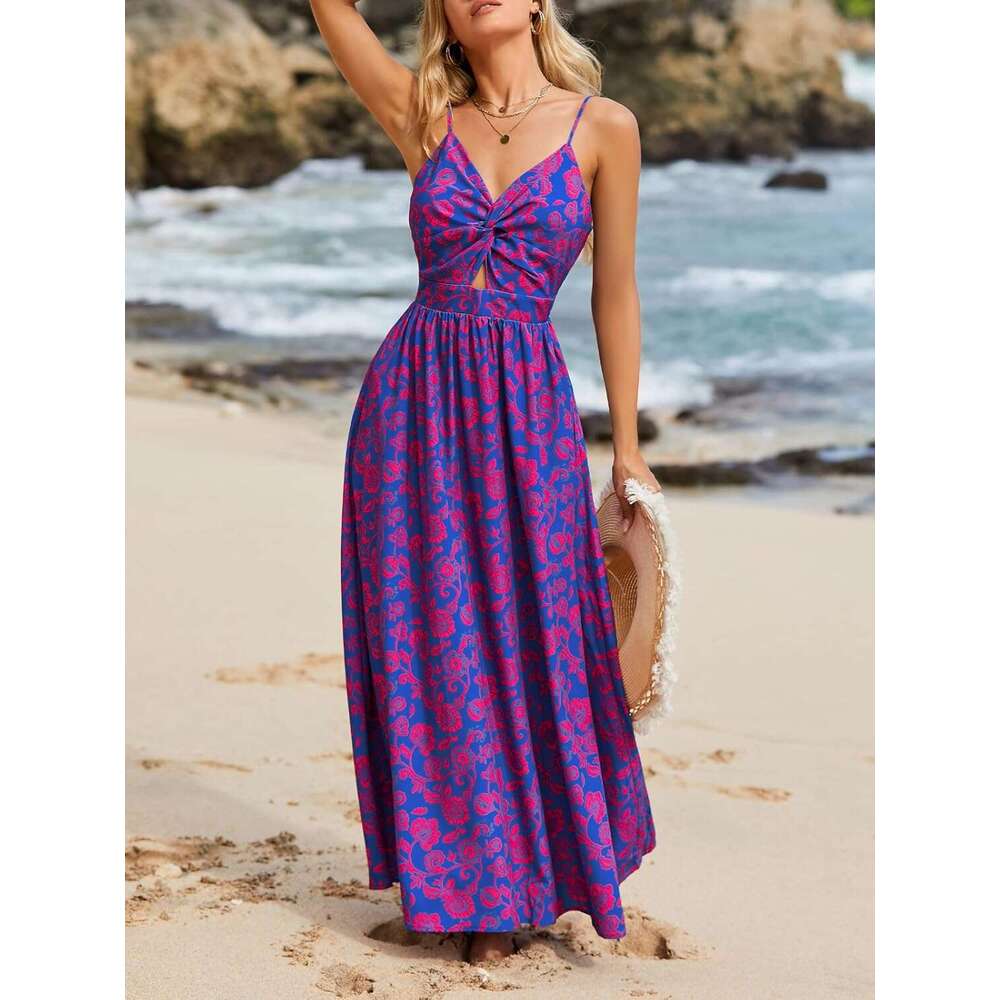 Women's extra long with floral print and twisted V-neck sleeveless dress for summer casual wear